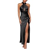 firfig Women's Halter Satin Dress Crisscross Sleeveless Midi Cocktail Party Dress Backless Split Formal Evening Dresses