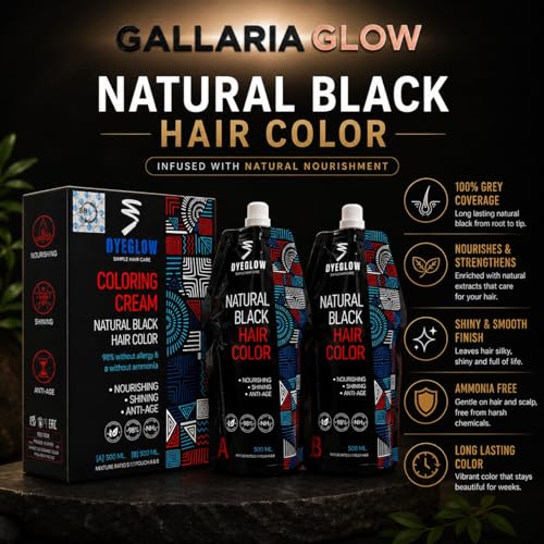 GALLARIAGLOW DyeGlow Hair Color Cream – Natural Black | Ammonia-Free & Non-Allergic Hair Dye | Nourishing & Anti-Aging Formula | 1000ml (500ml + 500ml)