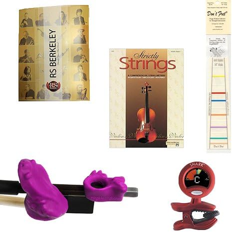 Violin Players Instructional Pack (For 4/4 Violin) Essential Includes: Purple Bow Hold Buddies, Don't Fret Position Indicator for 4/4 Violin, Folder, Strictly Strings Book 1 & Tuner