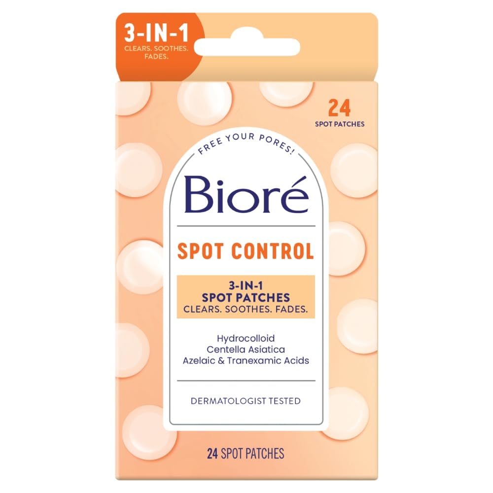 Biore Spot Patches, Hydrocolloid Invisible Pimple Patches, Stickers Spot Dots For Blemishes & Acne, 3-In-1 Clears, Soothes Skin & Reduces Pimple Marks, Japanese Skincare, 24 Count