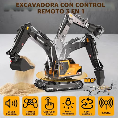 GraceDuck RC Excavator Toy 3 in 1 Remote Control 2.4GHz - Beach and Construction Toys with Alloy Shovel, Crusher and Claw, 680° Spin, Construction Vehicle for Kids Ages 6-12