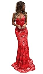 POMUYOO Women's Red Sequin Lace Prom Dress Long