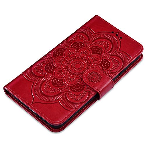 PHEZEN Case for Samsung Galaxy Note 10 Plus Wallet Case,Embossing Mandala Flower PU Leather Magnetic Folio Flip Case Full Body Protective Phone Case Cover with Stand Card Slot Wrist Strap - Red