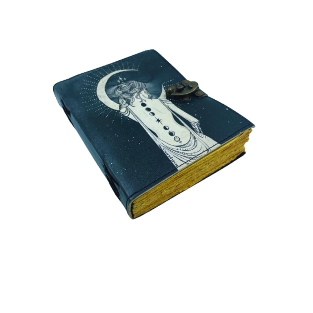 OVERDOSE Lady With Moon Design UV Print Leather Journal With Brass C-Lock - Handmade Unlined Deckle Vintage Paper | Sketchbook & Notebook - 6 x 8 inches | 15 x 20 cm | A5