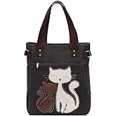Valentoria Canvas Tote Handbag for Women Cute Cat Embroidery Shoulder Purse Large Zipper Travel Work Shopping Grocery Bags