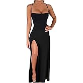 GORGLITTER Women's Backless Formal Dress Spaghetti Strap High Slit Long Bodycon Coctail Wedding Guest Dresses