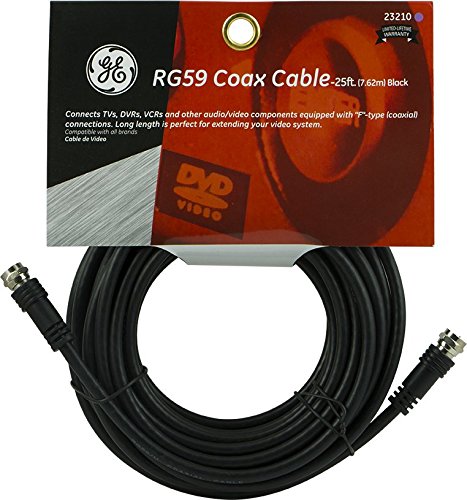 GE RG59 Coaxial Cable 25ft. (7.6m), Black, F-Type Connections Jacks, Low Loss, Double Shielded Coax Cable, Input/Output, Ideal for Antennas, DVR, VCR, Satellite to TV, 23210