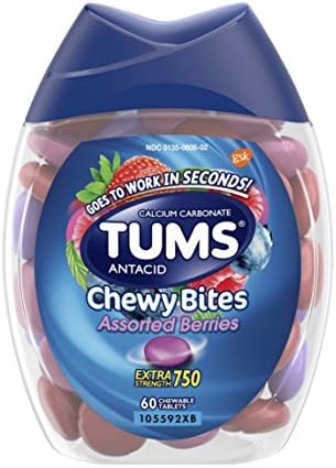 60 Count (1 Package) TUMS Chewy Tablets Assorted Berry - Extra Strength - Chewable Antacid - Goes To Work