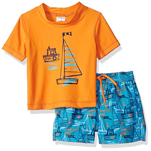 Kiko & Max Baby Boys Set With Short Sleeve Rashguard Swim Shirt, Boats Orange, 18M