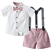 IDOPIP Toddler Kids Baby Boys Formal Suit Gentleman White Shirt with Bowtie + Suspender Shorts Pants Overalls Clothes 1-8T