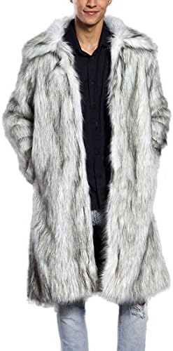 JTENGYAO Men's Faux Fur Coat Lapel Long Overcoat Winter Jacket