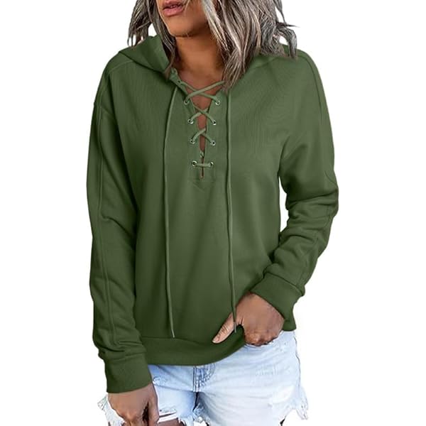 Amazon.com: Ladies Lace-Up Cross V-Neck Drawstring Hoodie