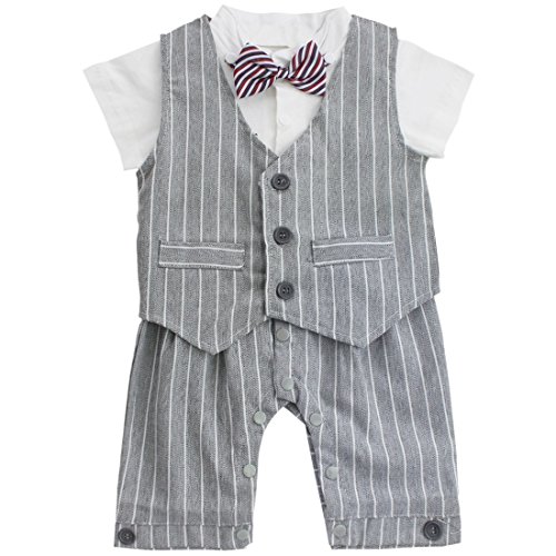 FEESHOW Baby Boys' Cotton Gentleman Romper Vest with Bowtie Outfit Set Gray 3-6 Months