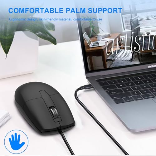 LOONASA USB C Wired Mouse, Type C Optical Mouse, Portable Silent Comfortable, for Laptop, Mac, MacBook, Android, PC, Black