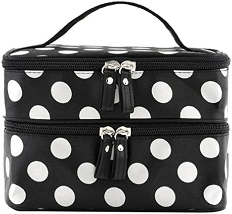Ypres SU Cosmetic Bag Double Layer Dot Pattern Travel Toiletry Bag Organizer With Mirror (Black)