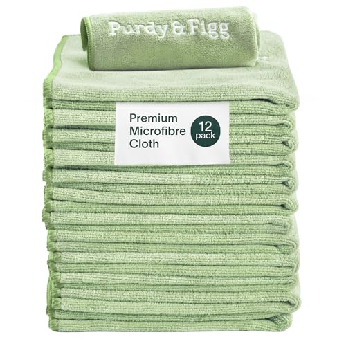 Purdy & Figg | Microfiber Cleaning Cloth | Super Soft, Streak-Free Multipurpose Polishing Cloth | Lint-Free, Scratch-Resistant, Super Absorbent & Reusable | Home & Kitchen | Pack of 12 | Green