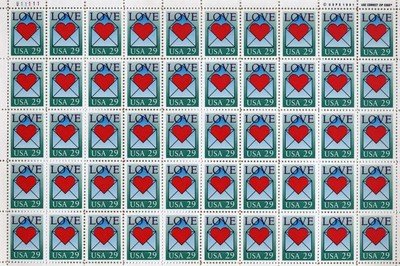 Love Heart Envelope Full Sheet of 50 x 29 cent US Postage Stamps Scot #2618