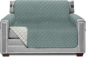 Sofa Shield Chair Slip Cover with Patented Strap, Cushion Protector, Reversible Stain and Dog Tear Resistant Slipcover, Quilted Microfiber 48” Seat, Washable Covers for Dogs Pets Kids, Seafoam Cream