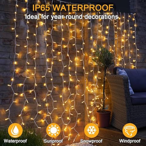 yowin 6 m x 3 m 600 LED Waterfall Lights Waterproof IP65 with Timer, 8 Modes Tent Lights with Socket for Wedding, Gazebo, Window, Wall, Garden – Warm White
