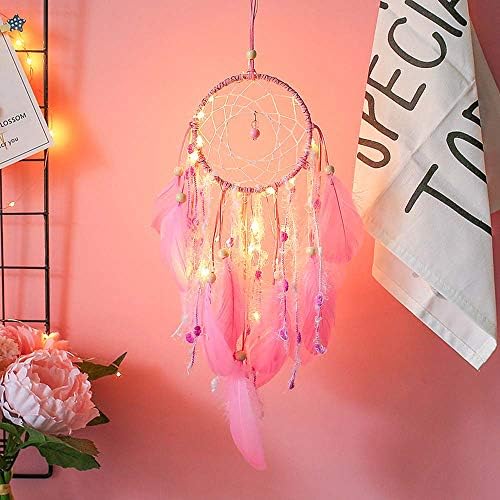 MaxFox Valentine's Day LED Dream Catcher Pink Cloud Feather Pendant Dreamcatcher for Girl Birthday Gift Baby Room Decor (Pink)