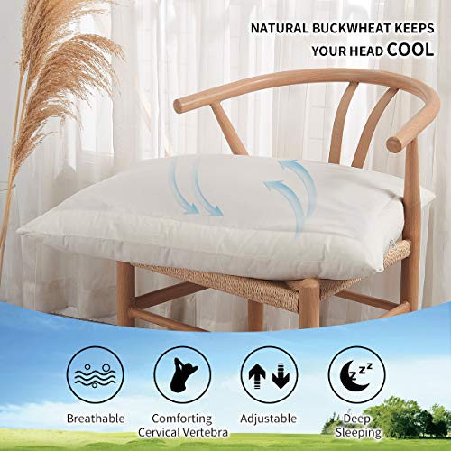 Lofe Buckwheat Hull Pillow for Sleeping with Organic Cotton Cover, Adjustable Loft of Premium Fiber Layer, Queen Size(20x28), Breathable for Cool Sleep, Cervical Support for Back and Side Sleepers - Thumbnail 6