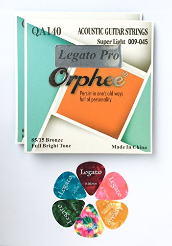 Acoustic Guitar Strings Beginner to Pro Level, 2 Sets (Super Light) 9-45 Nano-Coated 85/15 Bronze 6 Guitar Picks Bundle
