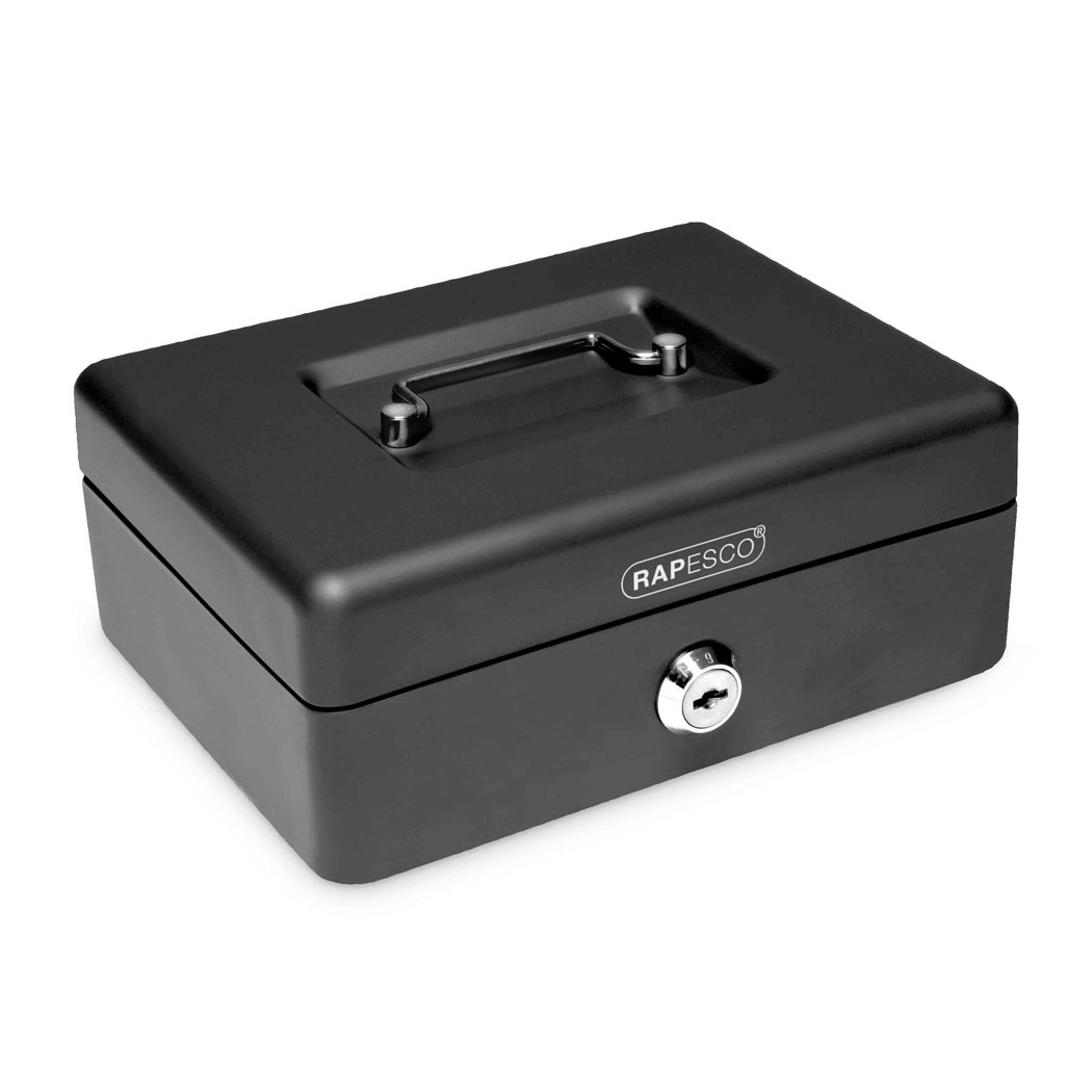 Rapesco SB0010B1 Metal Cash Box with Lock, 3 Keys and Removable Tray, Size 10", Black