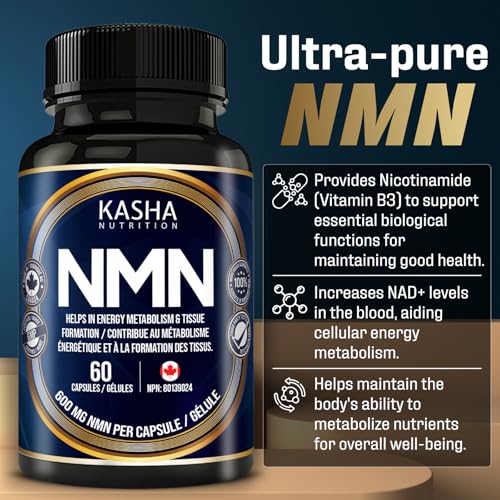 NMN High Purity 600 mg per Capsule – Nicotinamide Mononucleotide Supplement | Supports Cellular Health | Supports NAD+ Levels | Helps Metabolize Nutrients | Source of Vitamin B3 | 60 Capsules | 2 Month Supply | Made in Canada
