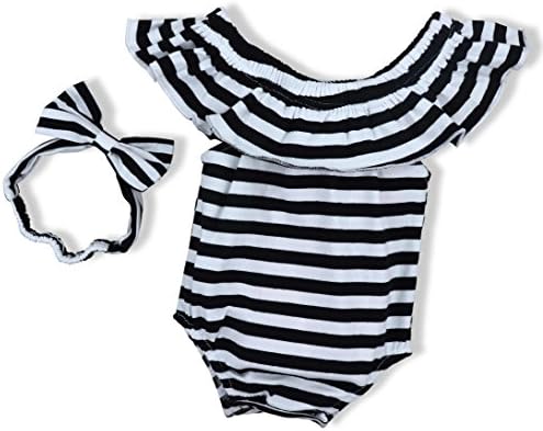 Baby Girls Clothes Black and White Stripes Romper Bodysuit with Bowknot Headband(6-12Months)