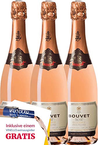 VINELLO 3er Weinpaket Schaumwein - Crémant Brut Rosé Excellence - Bouvet Ladubay mit einem VINELLO.weinausgießer | prickelnder Crémant | französischer Schaumwein aus Val de Loire | 3 x 0,75 Liter – Bild 3