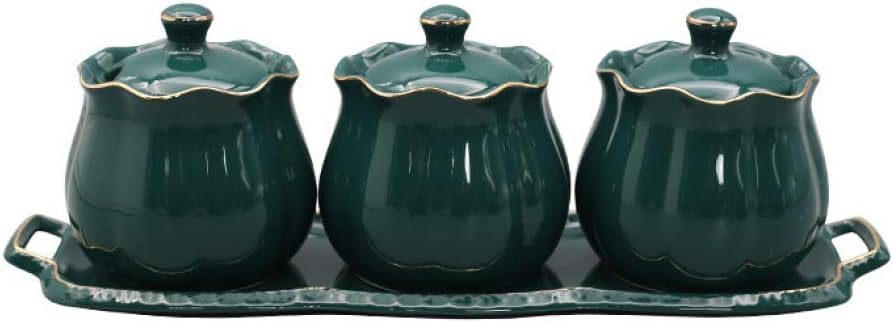 3 Pieces/Set Vintage Ceramic Condiment Jar-Ceramic Sugar Jar Bowls Container, Sugar and Salt Container with Lid Spoon Tray Seasoning Box Condiment Pots Spice Racks (Green)