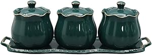 3 Pieces/Set Vintage Ceramic Condiment Jar-Ceramic Sugar Jar Bowls Container, Sugar and Salt Container with Lid Spoon Tray Seasoning Box Condiment Pots Spice Racks (Green)