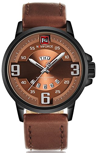 Naviforce men s casual watch genuine leather band calen…