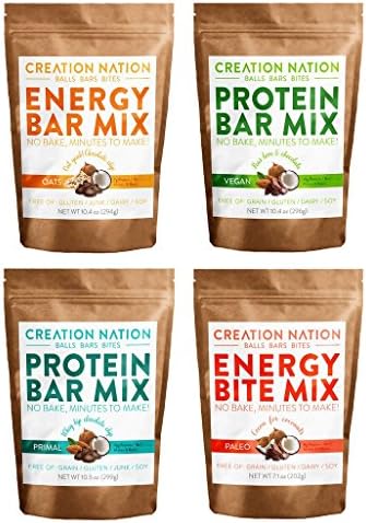 Creation Nation - PROTEIN BAR MIX - Variety 4-Pack: Paleo, Primal, Vegan, Vegan - No Bake, Easy as a protein shake! Each Bag Makes 8-12 of the FRESHEST Protein &amp; Energy Bars (40 Bars Total)