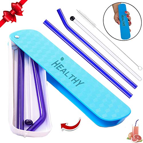 Healthy Glass Straws Private Solid Box Multi Color 200 mm X 8mm Reusable Drinking Straw Case Set Perfect for Home, Office or Gift - Green, Orange, Pink, Blue (Blue)