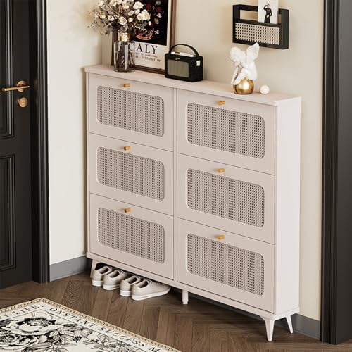 New retro rattan shoecabinet, freestanding 6-drawer entrance shoe cabinet, large capacity narrow shoe cabinet rattan design, office living room cabinet (WHITE)