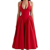 Women's Sexy Sleeveless Summer Dress Backless Deep V Neck Halter Bodycon Maxi Party Dress Beach Vacation Sundress