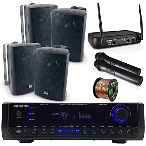 Audioronics 1500 Watt Hybrid Digital Stereo Receiver Amplifier, Dual Electronics 4″ 3-Way Indoor Outdoor Speakers – Black, Dual Channel VHF Wireless Microphone System, 16 Gauge 50 Foot Speaker Wire