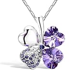 Merdia Four Leaf Clover Heart-shaped Crystal Pendant Necklace 16" + 5" Extender(Purple)