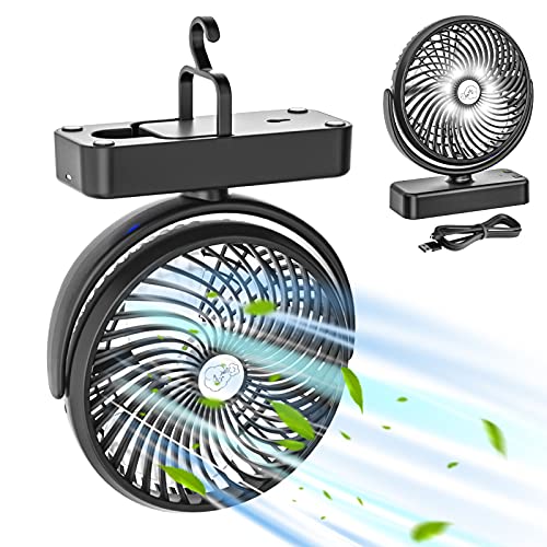 7 Inch Desk Fan, 10000mAh 50hrs Battery Operated Camping Fan with LED Light Hanging Hook, 360° Rotating Rechargeable Fan for Car RV Hurricane Emergency Outages Office