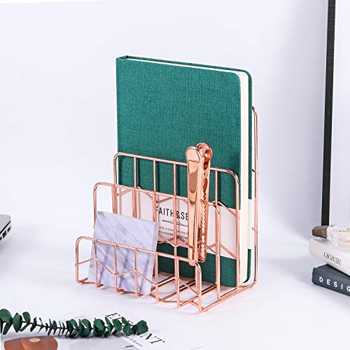 Simmer Stone Mail Sorter, 3 Slot Letter Holder Rack, Decorative Desk Paper Organizer for Postcards, Envelopes, Brochures and Files, Size 5.9" x 3.9" x 7.1", Rose Gold