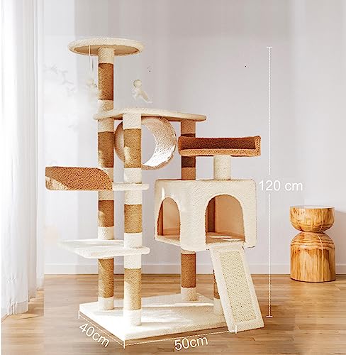 Cat Tree 120cm with Scratching Post Board Cat Tunnels and Cat House Condo, Cat Tree Tower for Indoor Big Cats and Kittens with Padded Plush Perch and Cat Tease Toys Beige