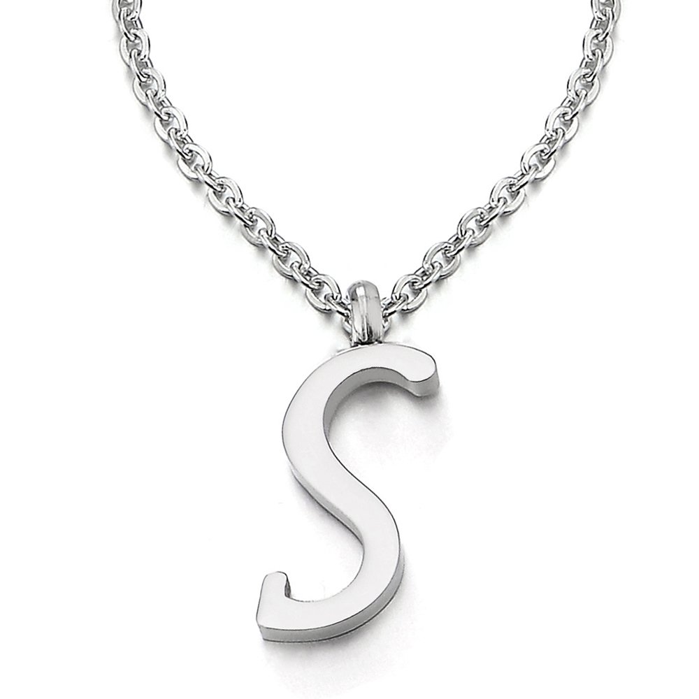 COOLSTEELANDBEYOND Womens Mens Steel Name Initial Alphabet Letter S Pendant Necklace with 20 inches Chain