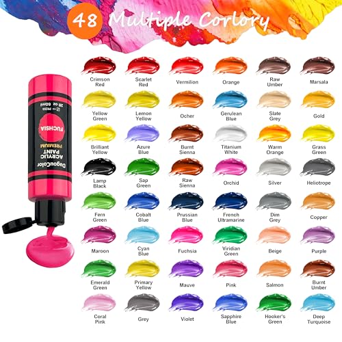 DagouColor 61 PCS Acrylic Paint - 48 Acrylic Colors (60ml) with 12 Brushes and 1 Palette, Art Gifts for Fabric Canvas, Stone, Acrylics for Painting for Beginner Artists