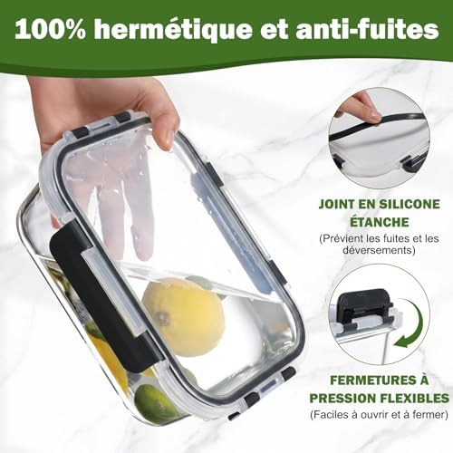 Lot de 5 récipients en verre avec couvercles, 1040 ml, épais et durables, empilables, hermétiques, sans BPA, pour micro-ondes, four, congélateur et lave-vaisselle, Noir