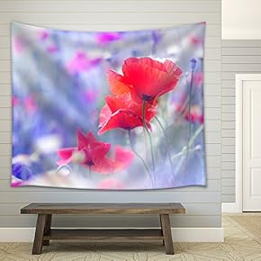 Field of Bright red Poppy Flowers in Summer - Fabric Wall Tapestry Home Decor - 51x60 inches