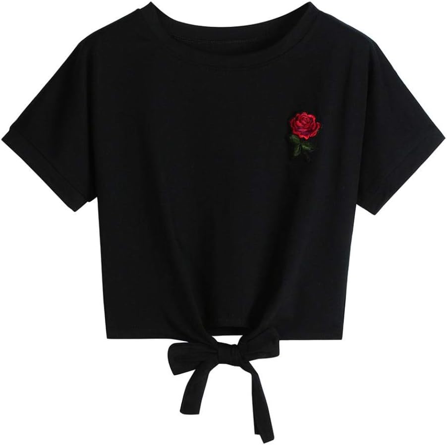 Janly Womens Rose Embroidered Flowers Tank Tops Striped Bow Tie Shirts Vest Plus Size for Girls Teenagers