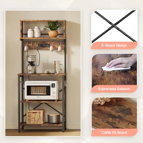 YKSLZ Estante para Cocina de 5 Niveles, Estantes Organizadores con Enchufes y 6 Ganchos，Estante de Microondas, Mueble Multiusos de Cocina, Sala, Oficina, Industrial, café rústico y Negro