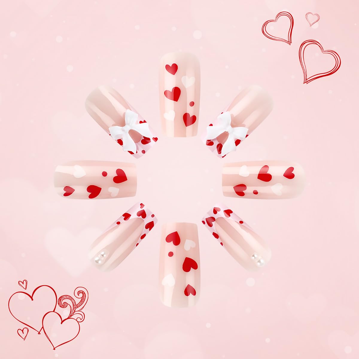 24Pcs Valentine's Day Press on Nails Medium Square Bow Fake Nails with White Bow Charms Design Red Heart False Nails Nude Pink Stick on Nails Full Cover Artificial Valentines Glue on Nails for Women - Image 3