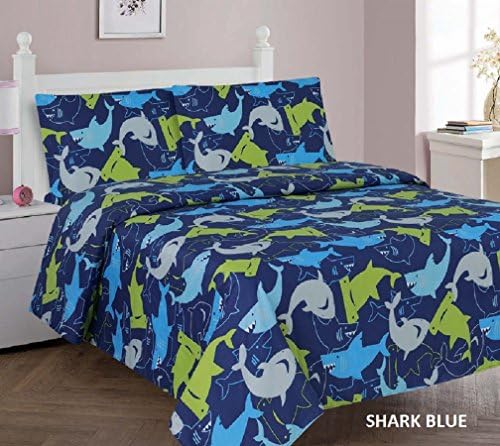 Kids printed sheet set: Flat & fitted sheets with pillow cases. Choose from butterfly, Dinosaur, Shark, Princess, sports, sailor prints Twin or Full (Twin, Shark Blue)